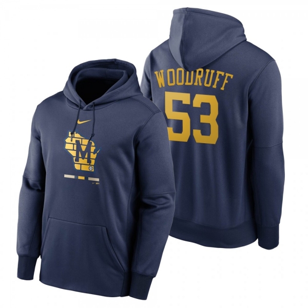 Milwaukee Brewers Brandon Woodruff Navy Legacy Performance Pullover Hoodie