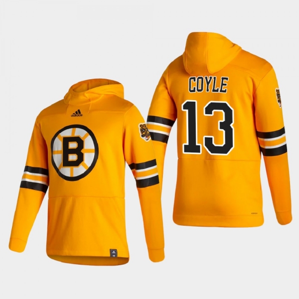 Men's Boston Bruins Charlie Coyle #13 2021 Reverse Retro Authentic Pullover Special Edition Gold Hoodie