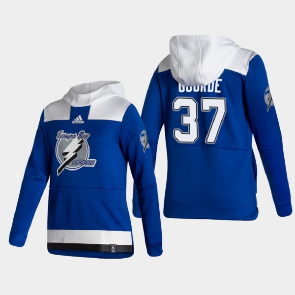 Men's Tampa Bay Lightning Yanni Gourde #37 2021 Reverse Retro Authentic Pullover Special Edition Blue Hoodie