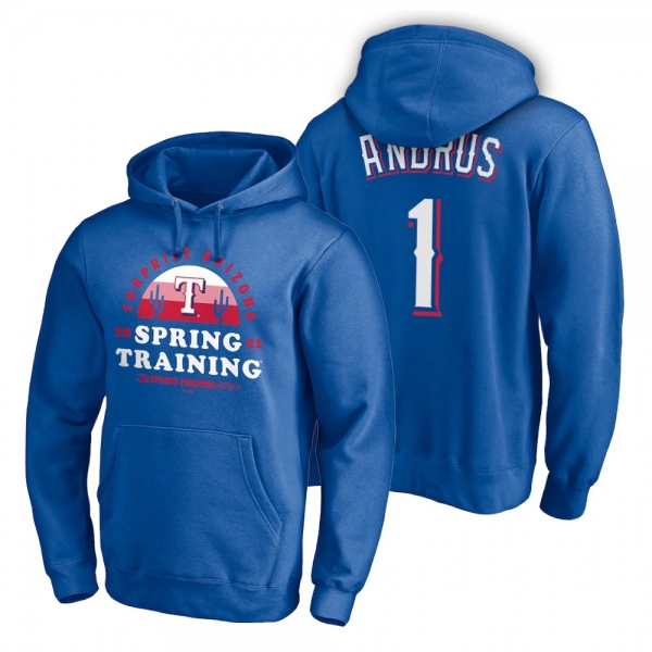 Texas Rangers Elvis Andrus Royal 2021 Spring Training Upper Decker Pullover Hoodie