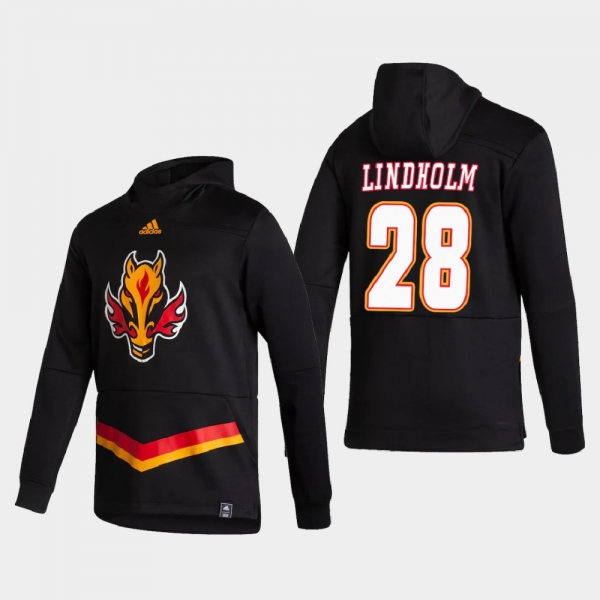 Men's Calgary Flames Elias Lindholm #28 2021 Reverse Retro Authentic Pullover Special Edition Black Hoodie