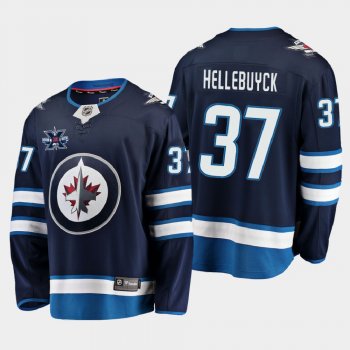 Men's JerseyWinnipeg Jets #37 Connor Hellebuyck 2020-21 10th Anniversary Home Honor Dale Hawerchuk Navy Jersey