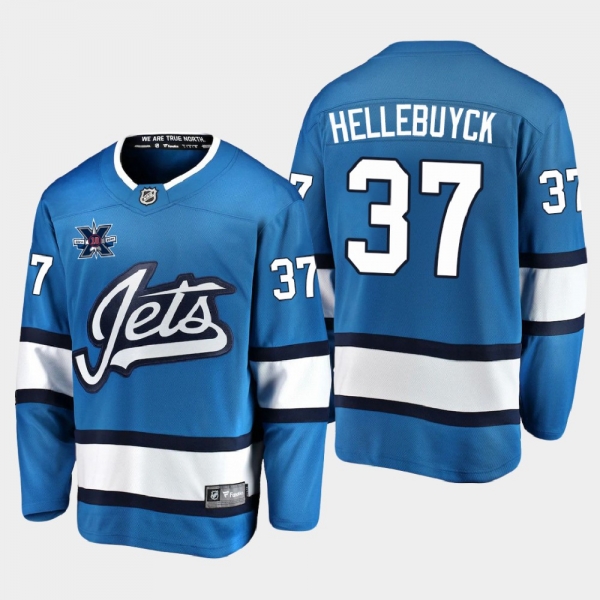 Men's JerseyWinnipeg Jets #37 Connor Hellebuyck 2020-21 10th Anniversary Alternate Honor Dale Hawerchuk Blue Jersey