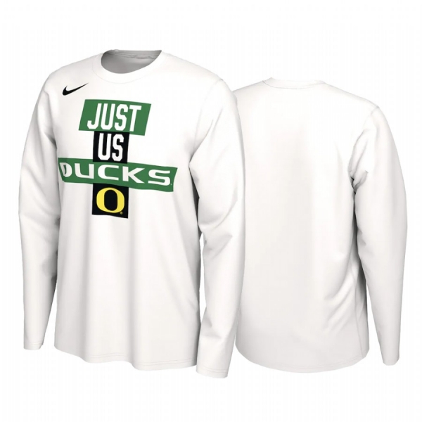 Oregon Ducks 2021 March Madness White 2021 Postseason Basketball JUST US Bench Long Sleeve T-Shirt