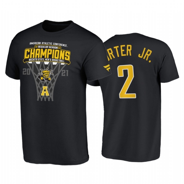 Wichita State Shockers 2021 March Madness Craig Porter Jr. Black Blue 84 2021 AAC Regular Season Champions Locker Room Tee