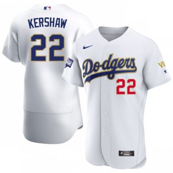 Men's LA Dodgers Clayton Kershaw VII WS Champions White Gold Jersey Stitched 2021 New Release