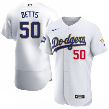 Men's LA Dodgers Mookie Betts VII WS Champions White Gold Jersey Stitched 2021 New Release