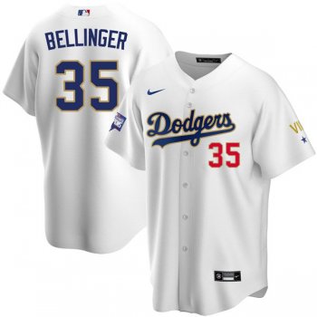 Men's #35 Cody Bellinger Los Angeles Dodgers WS Champions VII White Gold Jersey Stitched Cool Base