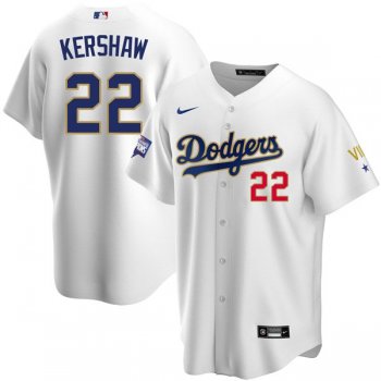 Men's #22 Clayton Kershaw Los Angeles Dodgers WS Champions VII White Gold Jersey Stitched Cool Base