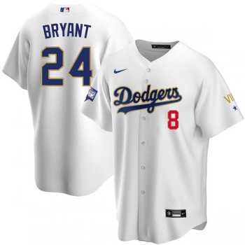 Men's #8 #24 Kobe Bryant Los Angeles Dodgers WS Champions VII White Gold Jersey Stitched Cool Base