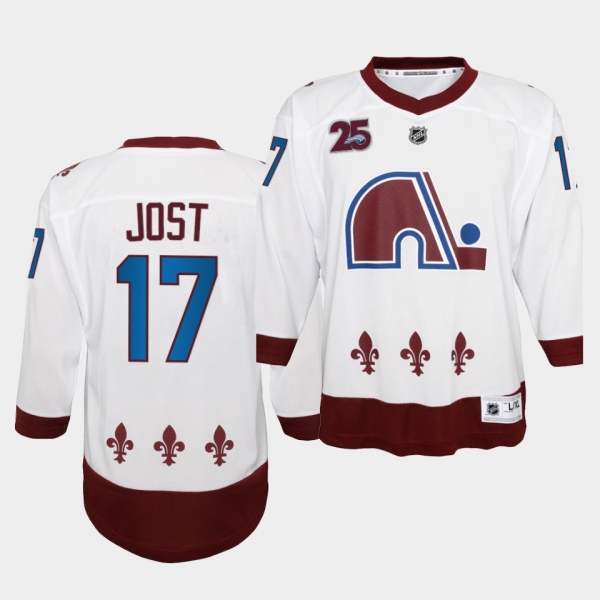 Youth Tyson Jost Colorado Avalanche 2021 Reverse Retro White 25th special Edition Jersey