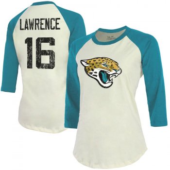 Women's Trevor Lawrence Jacksonville Jaguars Majestic Threads Player Raglan Name & Number 3/4-Sleeve T-Shirt - Cream/Teal