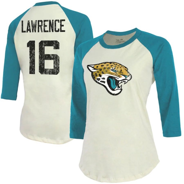 Women's Trevor Lawrence Jacksonville Jaguars Majestic Threads Player Raglan Name & Number 3/4-Sleeve T-Shirt - Cream/Teal