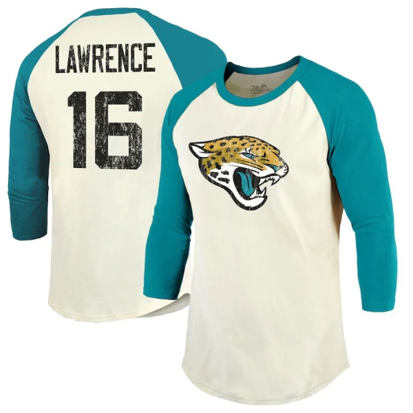 Trevor Lawrence Jacksonville Jaguars Majestic Threads Vintage Player Name & Number Raglan 3/4-Sleeve T-Shirt - Cream/Teal