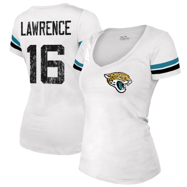 Women's Trevor Lawrence Jacksonville Jaguars Majestic Threads Name & Number V-Neck T-Shirt - White