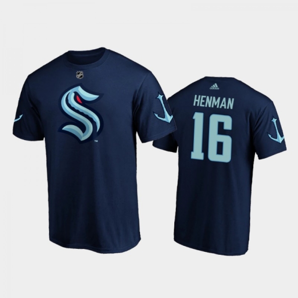 Men's Seattle Kraken Luke Henman #16 First Player Primary Logo Navy T-Shirt