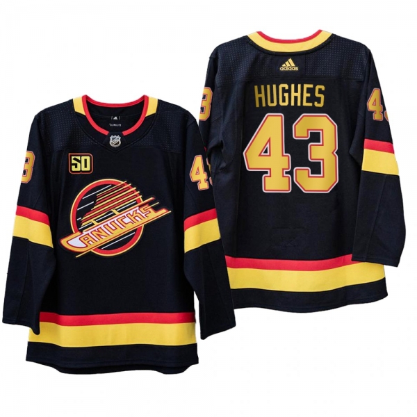 Vancouver Canucks Quinn Hughes #43 50th Anniversary Black Adizero Throwback Jersey