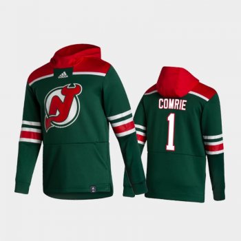 Men's Eric Comrie #1 New Jersey Devils Authentic Pullover Special Edition Green 2021 Reverse Retro Hoodie