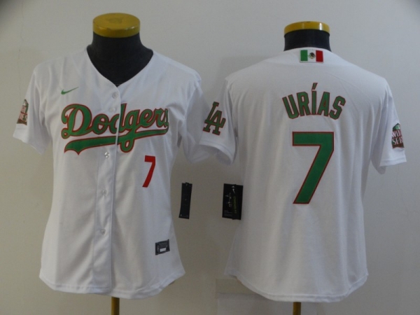 Women MLB Dodgers 7 Julio Urias White Cool Base Jersey