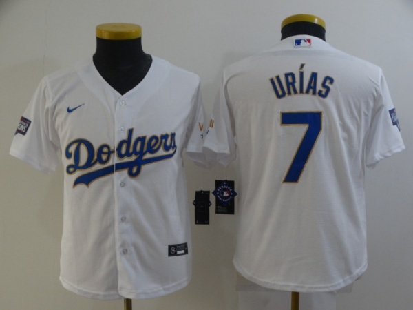 Youth MLB Dodgers 7 Julio Urias White Gold Champion Cool Base Jersey