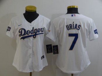 Women MLB Dodgers 7 Julio Urias White Gold Champion Cool Base Women Jersey