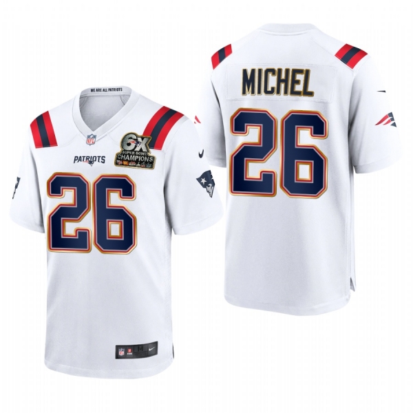 New England Patriots Sony Michel 6X Super Bowl Champions Patch Game Jersey - White