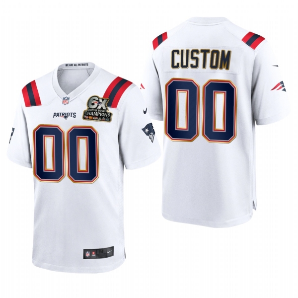 New England Patriots Custom 6X Super Bowl Champions Patch Game Jersey - White