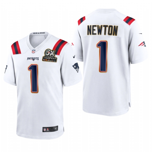 New England Patriots Cam Newton 6X Super Bowl Champions Patch Game Jersey - White