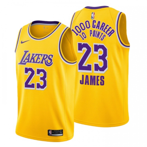 Los Angeles Lakers at least 10 points in 1000 Jersey LeBron James No.23 Icon Edition Special Commemoration Gold