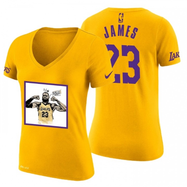 Women's Los Angeles Lakers LeBron James Crown Logo #23 Art Print Gold T-Shirt