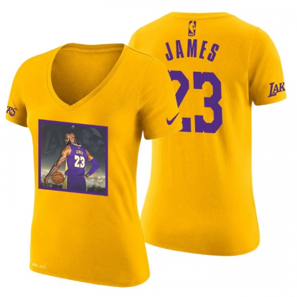 Women's Los Angeles Lakers LeBron James Super Star #23 Art Print Gold T-Shirt