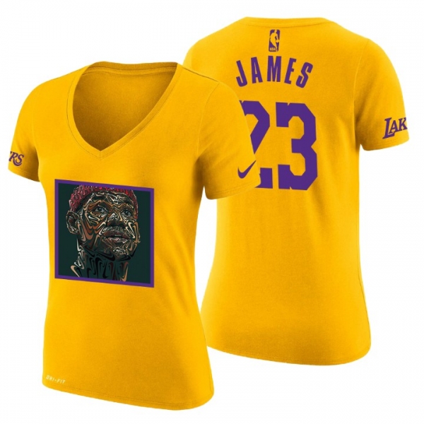 Women's Los Angeles Lakers LeBron James Swoosh Portrait #23 Art Print Gold T-Shirt