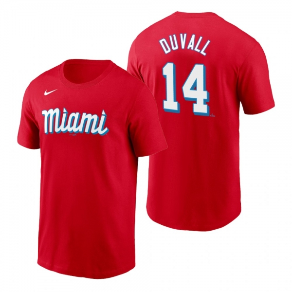 Miami Marlins Adam Duvall Red 2021 City Connect Wordmark T-Shirt