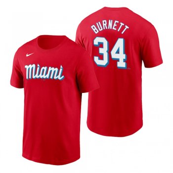 Miami Marlins A.J. Burnett Red 2021 City Connect Wordmark T-Shirt