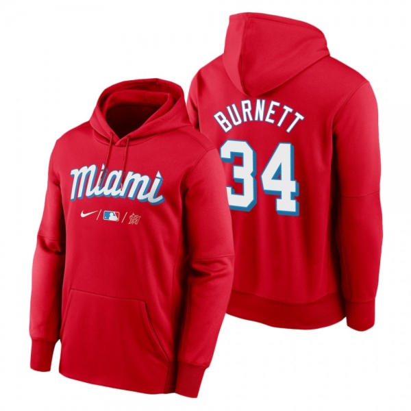 Miami Marlins A.J. Burnett Red 2021 City Connect Therma Hoodie