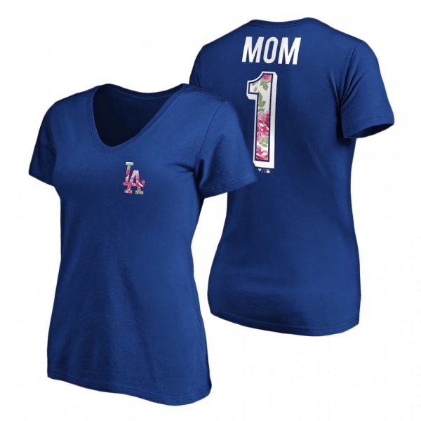 Women's Los Angeles Dodgers Royal V-Neck T-Shirt 2021 Mother's Day