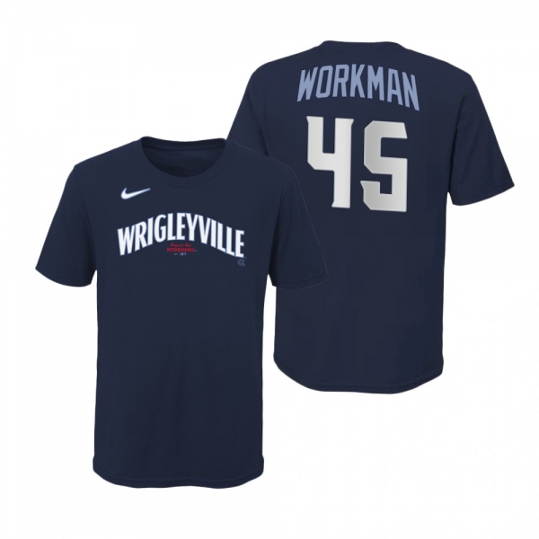 Youth Chicago Cubs Brandon Workman Navy Wordmark T-Shirt 2021 City Connect