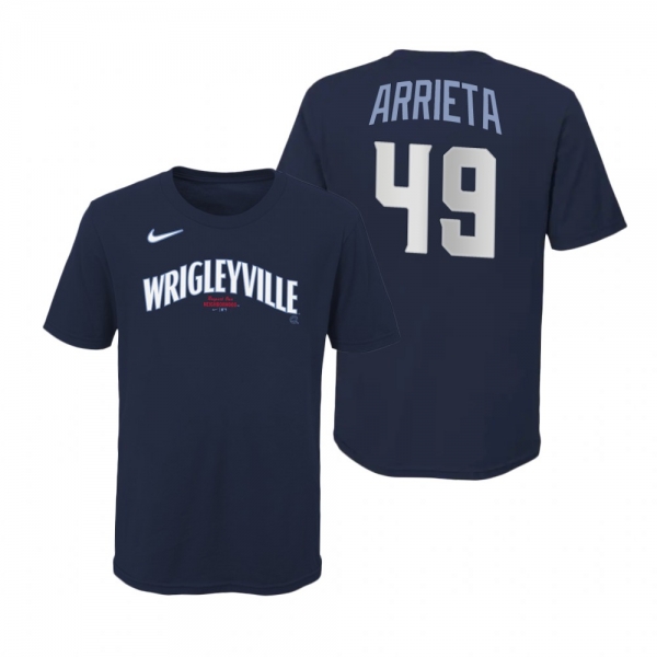 Youth Chicago Cubs Jake Arrieta Navy Wordmark T-Shirt 2021 City Connect