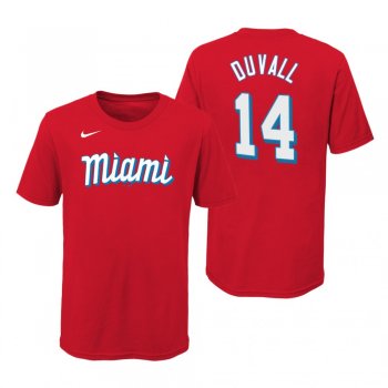 Youth Miami Marlins Adam Duvall Red Wordmark T-Shirt 2021 City Connect