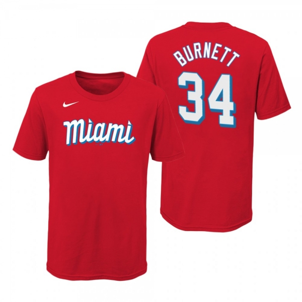 Youth Miami Marlins A.J. Burnett Red Wordmark T-Shirt 2021 City Connect