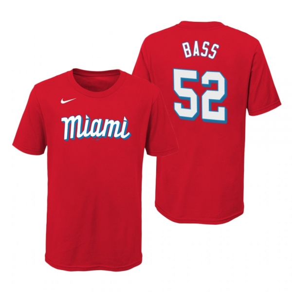 Youth Miami Marlins Anthony Bass Red Wordmark T-Shirt 2021 City Connect