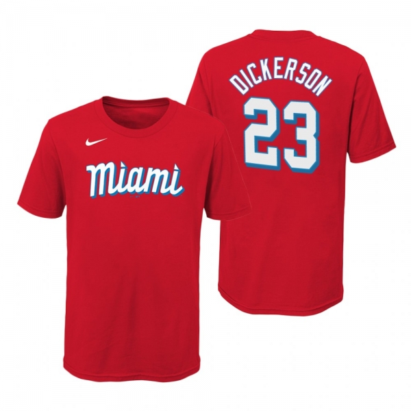 Youth Miami Marlins Corey Dickerson Red Wordmark T-Shirt 2021 City Connect