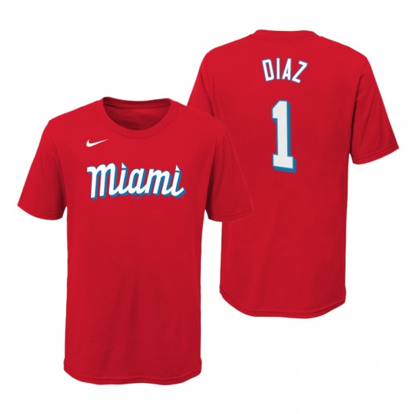 Youth Miami Marlins Isan Diaz Red Wordmark T-Shirt 2021 City Connect