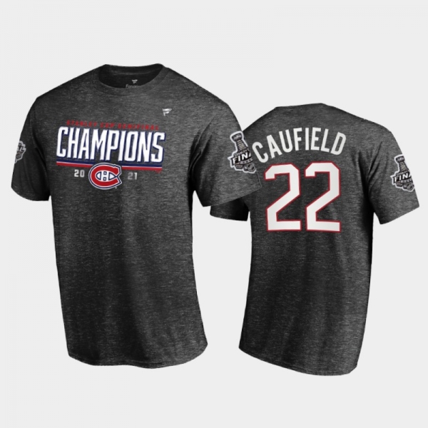 Men Montreal Canadiens Cole Caufield #22 2021 Stanley Cup Semifinal Champions Charcoal T-Shirt