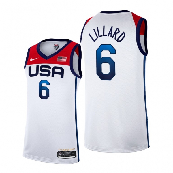 USA Basketball #6 Damian Lillard Tokyo Olympics 2021 White Jersey Home