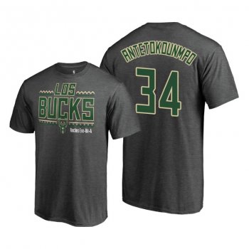 Men's Bucks Giannis Antetokounmpo #34 Heather Gray Noches Ene-Be-A Wordmark T-shirt