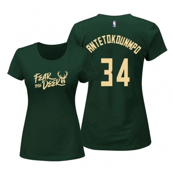 Women's Giannis Antetokounmpo Milwaukee Bucks Green NBA Playoffs Bound Foil Applique T-Shirt