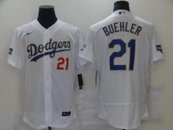 Men's Los Angeles DODGERS Walker Buehler 2021 Gold Program VII WS CHAMPIONS WHITE GOLD JERSEY STITCHED 2021 NEW RELEASE