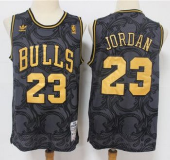 Men's Chicago Bulls #23 Michael Jordan Black Gold Hardwood Classics Basketball Jersey