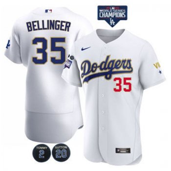 Men's Los Angeles Dodgers #35 Cody Bellinger 2021 Gold Program White Flex Base Sttiched Baseball Jersey 2